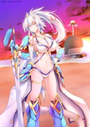 Rule 34 | 1girl, absurdres, animal, armor, artist name, beach, bikini, blue hair, breasts, cleavage, collarbone, dolphin, dragon girl, dragon horns, dragon tail, g (genesis1556), high ponytail, highres, horns, humanization, large breasts, long hair, looking at viewer, monster girl, multicolored hair, ocean, orca, original, outdoors, scales, silver hair, solo, swimsuit, sword, tail, twilight, two-tone hair, underwater, very long hair, weapon, whale