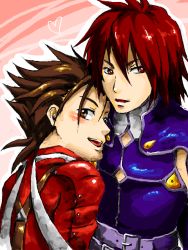 Rule 34 | 00s, age difference, blush, brown eyes, brown hair, father and son, heart, kratos aurion, lloyd irving, red eyes, red hair, short hair, tales of (series), tales of symphonia