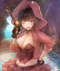 Rule 34 | 1girl, bad id, bad pixiv id, belt, black gloves, blue eyes, blue sky, breasts, brown hair, choker, cleavage, day, fingerless gloves, flag, gloves, gun, hand on own hip, handgun, hat, jolly roger, large breasts, looking at viewer, midriff, navel, one eye closed, open mouth, outdoors, pirate hat, pistol, red hat, red skirt, sennen sensou aigis, skirt, sky, smile, solo, standing, takei (jamfusion), upper body, verotte (sennen sensou aigis), water, weapon