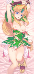 Rule 34 | 1girl, :o, armor, armpits, arms up, bed sheet, blonde hair, blush, boots, bow, breasts, bridal gauntlets, dress, foot out of frame, forehead jewel, green bow, green dress, hair bow, helmet, highres, long hair, looking at viewer, low-tied long hair, lying, medium breasts, nipples, no panties, on back, purple eyes, riesz, seiken densetsu, seiken densetsu 3, shoulder armor, solo, supurai, sweat, torn clothes, torn dress, winged helmet
