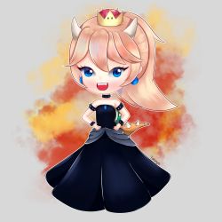 Rule 34 | armlet, black dress, black nails, blonde hair, bowsette, bracelet, collar, commentary, dress, earrings, english text, grey background, highres, horns, jewelry, mario (series), multicolored background, nail polish, new super mario bros. u deluxe, nintendo, pointy ears, sharp teeth, solo, spiked armlet, spiked bracelet, spiked collar, spiked shell, spiked tail, spikes, strapless, strapless dress, super crown, tail, talanya, teeth, turtle shell