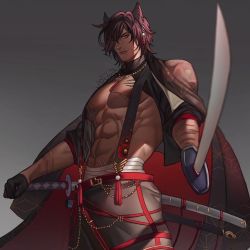 Rule 34 | 1boy, abs, animal ears, bandages, cape, cat boy, commission, ear piercing, earrings, gloves, highres, jewelry, jouvru, katana, looking at viewer, male focus, muscular, muscular male, necklace, nipples, original, pants, pectorals, piercing, red eyes, red hair, scabbard, scar, scar on arm, scar on face, scar on stomach, sheath, solo, sword, topless male, weapon