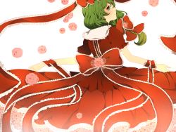Rule 34 | 1girl, bad id, bad pixiv id, bow, dress, female focus, flower, frills, from behind, front ponytail, green eyes, green hair, hair bow, hair ornament, highres, kagiyama hina, komine, long hair, looking back, matching hair/eyes, pink flower, pink rose, red dress, rose, simple background, solo, touhou