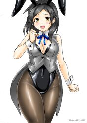 Rule 34 | 1girl, animal ears, black hair, black leotard, blush, breasts, brown eyes, cleavage, covered navel, cowboy shot, detached collar, fake animal ears, hair ornament, hairclip, kantai collection, kudou (ooabareteng), kuroshio (kancolle), leotard, leotard under clothes, looking at viewer, medium breasts, neck ribbon, open mouth, playboy bunny, rabbit ears, rabbit tail, ribbon, shiny clothes, short hair, simple background, smile, solo, strapless, strapless leotard, tail, twitter username, vest, wrist cuffs