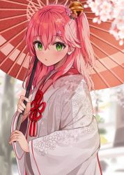 Rule 34 | 1girl, alternate costume, asymmetrical hair, bell, blurry, blurry background, blurry foreground, blush, commentary, day, floral print, flower, flower knot, green eyes, hair bell, hair between eyes, hair flower, hair ornament, hairclip, holding, holding umbrella, hololive, japanese clothes, jewelry, kimono, looking at viewer, medium hair, open mouth, outdoors, parasol, pink hair, racchi., ring, sakura miko, sakuramon, side ponytail, solo, sunlight, uchikake, umbrella, upper body, virtual youtuber, wedding band, white kimono, wide sleeves