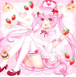 Rule 34 | 1girl, :d, animal ear fluff, animal ears, apron, bow, candy hair ornament, cat ears, cat girl, cat tail, commentary request, cross, food, food-themed hair ornament, fruit, hair between eyes, hair ornament, hairclip, hand up, hat, heart, high heels, highres, knees up, long hair, nurse cap, open mouth, original, outstretched arm, pink bow, pink hair, pink skirt, pleated skirt, puffy short sleeves, puffy sleeves, red eyes, red footwear, shikito (yawa0w0), shirt, shoes, short sleeves, skirt, smile, solo, strawberry, strawberry hair ornament, tail, tail bow, tail ornament, thighhighs, twintails, very long hair, waist apron, white apron, white hat, white shirt, white thighhighs, wrist cuffs, x hair ornament