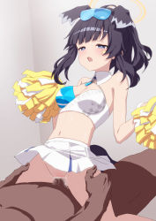Rule 34 | 1boy, 1girl, animal ears, arms up, bad id, bad pixiv id, bare shoulders, black hair, blue archive, blush, breasts, censored, cheerleader, clothed sex, cowgirl position, crop top, dark-skinned male, dark skin, dog ears, dog girl, dog tail, eyewear on head, girl on top, goggles, goggles on head, halo, hetero, hibiki (blue archive), hibiki (cheer squad) (blue archive), highres, holding, holding pom poms, midriff, millennium cheerleader outfit (blue archive), navel, no panties, penis, pom pom (cheerleading), pom poms, pussy, sex, skirt, solo focus, spread legs, star sticker, sticker on face, straddling, sweat, tail, thigh grab, vaginal, yagita22