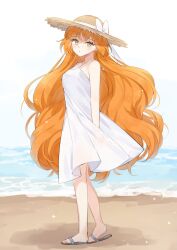 Rule 34 | 1girl, beach, bow, closed mouth, dress, freckles, full body, green eyes, hat, hat bow, highres, ishmael (project moon), limbus company, long hair, looking at viewer, love mintchoco, orange hair, project moon, sand, sandals, sleeveless, sleeveless dress, solo, straw hat, sundress, very long hair, water, white bow, white dress