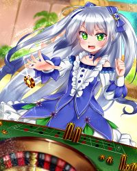 Rule 34 | 1girl, ao (ao 10bx), blue hair, blurry, blurry background, blush, character request, chips (food), clenched hand, collarbone, commentary request, dress, fang, flower knight girl, food, gambling, green eyes, hair ribbon, highres, jewelry, long hair, looking at viewer, multicolored hair, necklace, open mouth, poker chip, ribbon, roulette table, solo, table, throwing, twintails