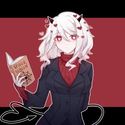 Rule 34 | 1girl, black background, black horns, black suit, blush, book, breasts, colorfulkite, commentary, demon girl, demon horns, demon tail, formal, heart, heart-shaped pupils, helltaker, highres, holding, holding book, horns, large breasts, long sleeves, looking at viewer, medium hair, modeus (helltaker), nail polish, open book, red background, red eyes, red nails, red sweater, ribbed sweater, sleeves past wrists, solo, suit, sweater, symbol-shaped pupils, tail, turtleneck, white hair