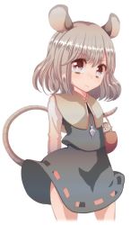 Rule 34 | 1girl, animal ears, bad id, bad pixiv id, basket, capelet, cream (nipakupa), female focus, grey hair, holding, holding with tail, jewelry, looking at viewer, mouse (animal), mouse ears, mouse tail, nazrin, pendant, prehensile tail, short hair, simple background, solo, tail, touhou, white background