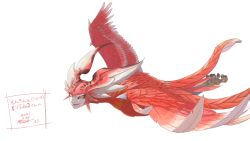 Rule 34 | 1girl, artist name, bird legs, bird tail, commentary request, dated, feather hair, feathered wings, feathers, final fantasy, flying, hagurototonn, harpy, highres, monster girl, red feathers, red wings, simple background, solo, tail, talons, white background, wings, yellow eyes