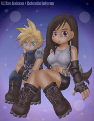 Rule 34 | 1990s (style), blue background, cloud strife, final fantasy, final fantasy vii, gradient background, purple background, retro artstyle, simple background, text focus, tifa lockhart