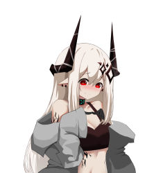 Rule 34 | 1girl, absurdres, arknights, bare shoulders, black choker, blush, breasts, choker, cleavage, commentary, crop top, grey jacket, hair between eyes, highres, horns, huizhiyin, infection monitor (arknights), jacket, long hair, looking at viewer, material growth, midriff, mudrock (arknights), nose blush, off shoulder, open clothes, open jacket, oripathy lesion (arknights), pointy ears, red eyes, silver hair, simple background, solo, sports bra, stomach, upper body, white background
