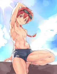 Rule 34 | 1boy, against wall, alexander (fate), ankleband, arm behind head, arm support, armpits, barefoot, blue male swimwear, blue sky, blue swim trunks, braid, bulge, day, diffraction spikes, eyewear on head, fate/grand order, fate (series), groin tendon, leg up, long hair, looking at viewer, male focus, male school swimsuit, male swimwear, name tag, nayoshi (r-744), nipples, outdoors, red eyes, red hair, single braid, sky, smile, solo, standing, standing on one leg, sun, sunglasses, swim trunks, swimsuit, wall, wet