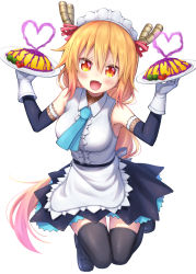Rule 34 | 1girl, :d, absurdres, black thighhighs, blonde hair, blush, commentary request, dragon girl, dragon horns, fang, food, full body, gloves, hair between eyes, heart, highres, holding, holding plate, horns, kobayashi-san chi no maidragon, long hair, looking at viewer, maid headdress, omelet, omurice, open mouth, orange eyes, plate, pontasu, revision, simple background, slit pupils, smile, solo, thighhighs, tohru (maidragon), very long hair, white background, white gloves, zettai ryouiki