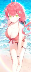 Rule 34 | 1girl, absurdres, ahoge, bare shoulders, bikini, breasts, cleavage, collarbone, commentary, flower, frilled bikini, frills, front-tie bikini top, front-tie top, green eyes, hair flower, hair ornament, halterneck, highres, hololive, kinsuke z, large breasts, long hair, looking at viewer, open mouth, outdoors, pink hair, red bikini, sakura miko, side-tie bikini bottom, sitting, solo, swimsuit, symbol-only commentary, virtual youtuber, water