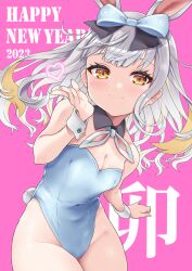 Rule 34 | 1girl, 2023, absurdres, animal ears, bare legs, blonde hair, blue leotard, bow, breasts, brown eyes, cleavage, commentary request, covered navel, detached collar, grey hair, hair bow, happy new year, heart, highres, leotard, long hair, looking at viewer, mochizuki himari, multicolored hair, new year, pink background, playboy bunny, rabbit ears, rabbit girl, rabbit tail, simple background, small breasts, smile, solo, strapless, strapless leotard, streaked hair, tail, uni create, virtual youtuber, wrist cuffs, yunagi921