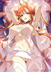 Rule 34 | 1girl, aphrodite (fate), armpits, arms behind head, arms up, blush, breasts, center opening, dress, earrings, fate/grand order, fate (series), hair intakes, heart, heart earrings, highres, jewelry, large breasts, lipstick, long hair, long sleeves, looking at viewer, makeup, multicolored hair, multiple wings, navel, puuzaki puuna, red hair, red wings, smile, solo, thighs, two-tone hair, white dress, wings