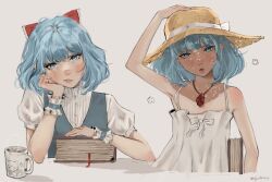 Rule 34 | 1girl, anajudraws, artist name, blue eyes, blue hair, blush, book, bow, cup, dress, grey background, grey vest, hair bow, hair ribbon, hat, head rest, highres, holding, holding book, jewelry, light blue hair, looking at viewer, medium hair, mug, multiple views, necklace, open mouth, original, red bow, ribbon, shadow, short sleeves, sleeveless, sleeveless dress, straw hat, sun hat, upper body, vest, white dress, white ribbon, wrist cuffs, yellow headwear