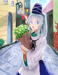 Rule 34 | 1girl, alley, artist name, backlighting, bad id, bad pixiv id, blue eyes, blue skirt, blue sky, bouquet, brick, building, cloud, colored eyelashes, cowboy shot, day, flower, hair between eyes, hat, honi (honix3), japanese clothes, lamppost, light particles, long hair, long sleeves, looking at viewer, mononobe no futo, open mouth, plant, pom pom (clothes), ponytail, potted plant, ribbon, round teeth, sign, silver hair, skirt, sky, solo, sunlight, tate eboshi, teeth, tongue, touhou, wide sleeves