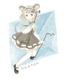 Rule 34 | 1girl, animal ears, capelet, character name, dowsing rod, grey hair, jewelry, mouse ears, mouse tail, nazrin, onigiri (ginseitou), pantyhose, pendant, short hair, smile, solo, tail, touhou