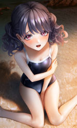 Rule 34 | 1girl, absurdres, bare legs, bare shoulders, beach, between legs, black hair, black one-piece swimsuit, commentary request, fukumaru koito, hand between legs, highres, idolmaster, idolmaster shiny colors, kos-owl, looking at viewer, one-piece swimsuit, open mouth, purple eyes, school swimsuit, shadow, sitting, solo, sweat, swimsuit, twintails, wariza, wet
