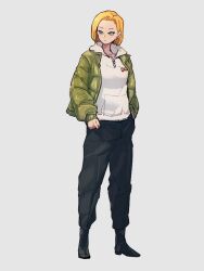 Rule 34 | 1girl, android 18, black pants, blonde hair, blue eyes, closed mouth, dragon ball, dragonball z, full body, green jacket, grey background, jacket, kemachiku, long sleeves, looking to the side, pants, red ribbon army, shirt, short hair, simple background, solo, standing, white shirt