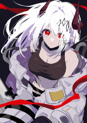 Rule 34 | 1girl, absurdres, arknights, black background, black choker, black tank top, breasts, bright pupils, choker, cleavage, coat, commentary request, demon horns, feet out of frame, highres, horns, large breasts, long hair, looking at viewer, material growth, midriff, mudrock (arknights), mudrock (elite ii) (arknights), nekoma hikaru, off shoulder, open clothes, open coat, oripathy lesion (arknights), pointy ears, red eyes, serious, signature, simple background, solo, tank top, very long hair, white coat, white hair, white pupils