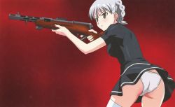 Rule 34 | 1girl, absurdres, aiming, ass, black dress, braid, breasts, brown eyes, crotch seam, day, dress, french braid, frills, gun, highres, holding, holding gun, holding weapon, medium breasts, official art, panties, red background, rifle, silver hair, solo, stratos 4, submachine gun, tachibana mirei, thighhighs, underwear, v-shaped eyebrows, weapon, white panties, white thighhighs, wind, wind lift, yamauchi noriyasu