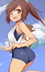 Rule 34 | 10s, 1girl, 9law, ass, bad id, bad pixiv id, blush, brown eyes, brown hair, cloud, day, highres, i-401 (kancolle), kantai collection, one eye closed, open mouth, personification, ponytail, sailor collar, school swimsuit, short hair, signature, sketch, sky, solo, swimsuit, swimsuit under clothes, tan, tanline, wink