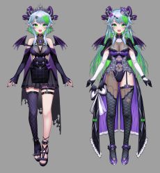 Rule 34 | 1girl, absurdres, apricot the lich, apricot the lich (1st costume), apricot the lich (2nd costume), black capelet, black gloves, blue hair, breasts, bsapricot, capelet, choker, cleavage, commentary, earrings, elbow gloves, english commentary, fang, full body, gloves, green eyes, green hair, highres, horns, jewelry, leotard, lich, long hair, looking at viewer, medium breasts, multicolored hair, multiple horns, nail polish, navel, official art, open mouth, purple leotard, sandals, single leg pantyhose, single thighhigh, skin fang, skirt, skull, thigh strap, thighhighs, tongue, two-tone hair, variations, virtual youtuber, vshojo, wings