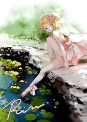 Rule 34 | 1girl, back cutout, bad id, bad pixiv id, ballet slippers, blonde hair, blue eyes, blurry, blurry background, breasts, bridal veil, character name, clothing cutout, dress flower, flower, footwear ribbon, grass, hair flower, hair ornament, highres, holding, holding flower, kagamine rin, knees up, lily pad, looking at viewer, miniskirt, open mouth, oyamada gamata, pale skin, pantyhose, petals, pink skirt, pond, rock, short hair, sitting, skirt, small breasts, smile, solo, sparkle, swept bangs, veil, vocaloid, water