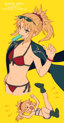 Rule 34 | 1girl, blonde hair, braid, breasts, collarbone, eyewear on head, fate/apocrypha, fate/grand order, fate (series), food, french braid, green eyes, jacket, jacket on shoulders, long hair, looking at viewer, meiji ken, mordred (fate), mordred (fate) (all), mordred (fate/apocrypha), mordred (swimsuit rider) (fate), mordred (swimsuit rider) (first ascension) (fate), mouth hold, multiple views, navel, open mouth, parted bangs, ponytail, popsicle, sidelocks, small breasts, smile, sunglasses, thighs, yellow background