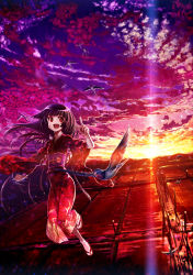 Rule 34 | 1girl, :d, bird, cloud, floral print, flying, highres, japanese clothes, kimono, lain, long hair, long sleeves, no nose, obi, open mouth, original, pointing, pointing up, purple hair, red eyes, road, sash, sky, smile, solo, street, sunset, tabi, vanishing point