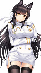 Rule 34 | 1girl, animal ears, atago (azur lane), azur lane, black hair, black thighhighs, bow, breasts, closed mouth, extra ears, garter straps, gloves, highres, jacket, large breasts, long hair, long sleeves, looking at viewer, military, military uniform, miniskirt, mole, mole under eye, pencil skirt, ribbon, simple background, skirt, solo, thighhighs, uniform, white background, white bow, white gloves, white ribbon, white skirt, y.ssanoha, yellow eyes