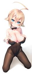Rule 34 | 1girl, absurdres, ahoge, blazblue, blonde hair, blue eyes, blush, bow, bowtie, braid, breasts, cleavage, collarbone, covered navel, es (xblaze), hand on own chest, highres, hime gyo, kneeling, large breasts, leotard, long hair, pantyhose, playboy bunny, simple background, single braid, solo, white background, wing collar, xblaze