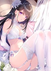 Rule 34 | 1girl, arms behind back, black hair, bra, breasts, commentary request, cuffs, cushion, elbow gloves, flower, garter belt, gloves, hair flower, hair ornament, handcuffs, head wreath, highres, knees up, kobayashi chisato, lace, lace-trimmed bra, lace-trimmed gloves, lace-trimmed legwear, lace trim, lingerie, long hair, looking at viewer, medium breasts, navel, open mouth, original, panties, purple eyes, reclining, sitting, solo, strappy heels, thighhighs, thighs, underwear, white bra, white garter belt, white gloves, white panties, white thighhighs