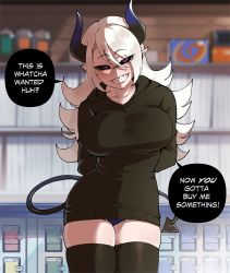 Rule 34 | !, 1girl, ?, arms behind back, black sclera, blurry, blurry background, breasts, colored sclera, commentary, commission, demon girl, demon horns, demon tail, english commentary, english text, grin, hair between eyes, highres, hood, hood down, hoodie, horns, indoors, large breasts, long hair, looking at viewer, menace (buffweeaboo), nyantcha, original, parted lips, pointy ears, purple eyes, second-party source, skindentation, smile, solo, speech bubble, tail, teeth, thighhighs