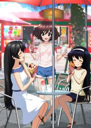 3girls, :d, :t, absurdres, ahoge, akiyama yukari, bangs, black footwear, black hair, blue shorts, blue skirt, blurry, blurry foreground, brown eyes, brown hair, casual, chair, closed mouth, clothing cutout, commentary request, crepe, day, denim, denim shorts, depth of field, dress, eating, excel (shena), eyebrows visible through hair, eyes closed, food, girls und panzer, hairband, hand on own face, highres, holding, holding food, isuzu hana, long hair, long sleeves, looking at viewer, medium dress, messy hair, miniskirt, multiple girls, open mouth, outdoors, pencil skirt, pink shirt, reizei mako, revision, sandals, shirt, short hair, short shorts, shorts, shoulder cutout, sitting, skirt, sleeveless, sleeveless dress, sleeveless shirt, smile, standing, sweatdrop, table, tree, umbrella, white dress, white hairband, yellow shirt