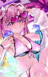 1girl alternate_costume anyoji_hime arm_out_of_sleeve bikini black_bikini blonde_hair blue_eyes blunt_bangs blurry blurry_background blush breasts cleavage closed_mouth collarbone commentary flower front-tie_bikini_top front-tie_top gradient_hair hair_flower hair_intakes hair_ornament half-closed_eyes halftone_texture heart heart-shaped_eyewear highres jacket link!_like!_love_live! long_hair long_sleeves looking_at_viewer love_live! medium_breasts multicolored_hair navel oihlf partially_submerged pink-tinted_eyewear pink_bikini pink_hair sidelocks sitting smile solo split_mouth stomach sunglasses swept_bangs swimsuit tinted_eyewear twintails virtual_youtuber wet white_flower white_jacket