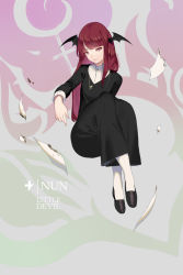 Rule 34 | 1girl, alternate costume, black footwear, burned paper, cross, cross necklace, crossed legs, full body, head wings, highres, irony, jewelry, koakuma, loafers, long hair, long sleeves, looking at viewer, necklace, nun, pantyhose, paper, red eyes, red hair, reeh (yukuri130), robe, shoes, sitting, smile, solo, touhou, traditional nun, white pantyhose, wings