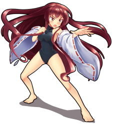 Rule 34 | 1girl, bare shoulders, barefoot, breasts, brown eyes, brown hair, detached sleeves, fang, fighting stance, full body, large breasts, leotard, long hair, m.u.g.e.n, nontraditional miko, open mouth, original, sendai hakurei no miko, simple background, solo, touhou, very long hair, wide sleeves, z.o.b