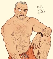 Rule 34 | 1boy, aaron gruber (o natsuo88), abs, arm hair, bara, beard stubble, cowboy shot, facial hair, facial scar, grey hair, knee up, male focus, mature male, muscular, muscular male, mustache, navel, navel hair, nipples, o natsuo88, old, old man, original, pectorals, receding hairline, scar, scar on cheek, scar on face, short hair, sideways glance, solo, sparse arm hair, sparse chest hair, stomach, stubble, thick eyebrows, thick mustache, topless male, wrinkled skin