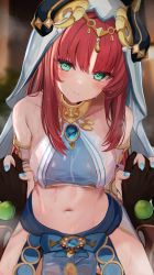 Rule 34 | 1girl, 1other, absurdres, aqua eyes, bare shoulders, blue nails, blurry, blurry background, blush, breasts, brooch, circlet, closed mouth, efuri (riarea00), genshin impact, harem outfit, highres, horns, interlocked fingers, jewelry, long hair, looking at viewer, medium breasts, nail polish, navel, neck ring, nilou (genshin impact), parted bangs, pelvic curtain, raised eyebrows, red hair, skirt, smile, solo focus, stomach, sweat, veil, wet, wet clothes