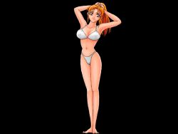 Rule 34 | 1girl, animated, animated gif, bad company (dr. tecmac), barefoot, bikini, black background, breasts, full body, large breasts, looking at viewer, navel, orange hair, ponytail, red eyes, simple background, solo, standing, swimsuit, tagme, white bikini