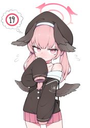 Rule 34 | 1girl, bag, beret, black hat, black shirt, black wings, blue archive, blush, closed mouth, commentary request, feathered wings, flying sweatdrops, halo, hat, head wings, hh, highres, koharu (blue archive), long hair, long sleeves, looking at viewer, nose blush, off shoulder, pink eyes, pink hair, pink skirt, pleated skirt, shirt, shoulder bag, simple background, skirt, sleeves past fingers, sleeves past wrists, solo, twintails, v-shaped eyebrows, wavy mouth, white background, wings