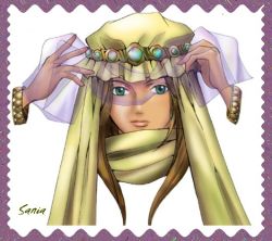 Rule 34 | 1girl, arc the lad, arc the lad ii, brown hair, green eyes, hat, long hair, looking at viewer, mob cap, ni kae te kudasai, sania, sania (arc the lad), scarf, simple background, solo, upper body, veil, white background