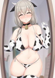Rule 34 | 1girl, absurdres, animal ears, animal print, bare shoulders, bell, blurry, blurry background, blush, breasts, choker, cleavage, closed eyes, collarbone, commentary, cow ears, cow horns, cow print, cow print bikini, cowbell, doorway, elbow gloves, gloves, gluteal fold, grey hair, hand up, highres, horns, indoors, large breasts, mature female, nassss, navel, parted lips, print bikini, raised eyebrows, shiny skin, solo, standing, sweatdrop, thigh gap, thighhighs, thighs, twitter username, uzaki-chan wa asobitai!, uzaki tsuki, wide hips