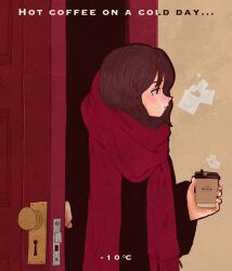 Rule 34 | 1girl, black coat, brown hair, coat, coffee, cup, door, english text, enpera, highres, holding, holding cup, original, parted lips, profile, red scarf, scarf, solo, steam, syooooyoooo, upper body